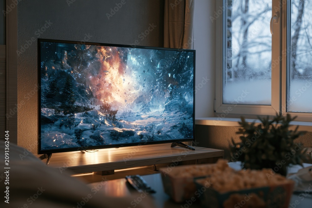 Fototapeta premium Home cinema setup in a modern apartment: screen glow from a space trailer, snacks and greenery on a coffee table