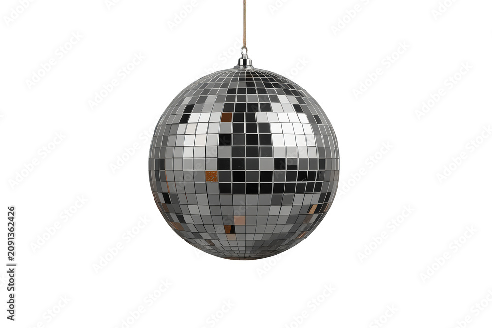 Fototapeta premium Reflective disco ball hanging against a transparent background creating a party, celebration, and nightlife atmosphere