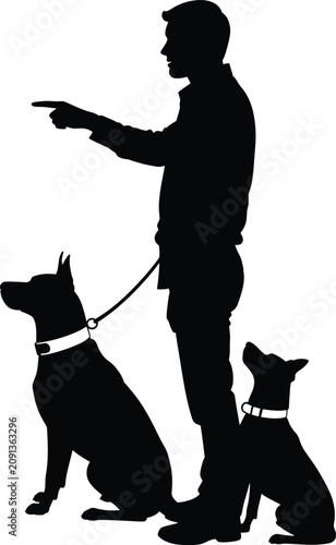Billede på lærred Black vector graphic illustration of a man standing and pointing while holding t