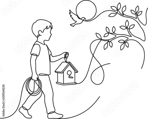 Obraz na plátne boy holding birdhouse and rope walking with bird flying near branch