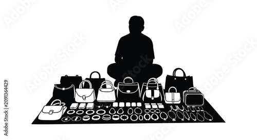 Cuadro en lienzo Silhouette of a person meditating surrounded by handbags and travel accessories