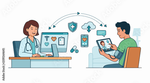 A doctor and patient engage in a telemedicine consultation exchanging health information
