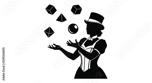 A juggler with cubes and a sphere depicted as a black silhouette against a white background performer artist entertainer circus