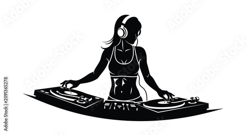 Fotografie Female dj with headphones and mixing console in black silhouette disc jockey mus