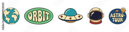 Retro space vector sticker set featuring earth globe alien spaceship astronaut helmet and creative typography labels for cosmic themed design projects