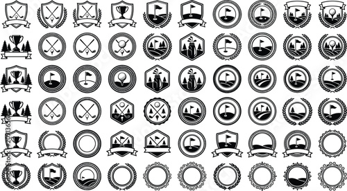 Monochrome golf club championship emblem logo badges set with shields laurels ribbons and course landscape vector design elements