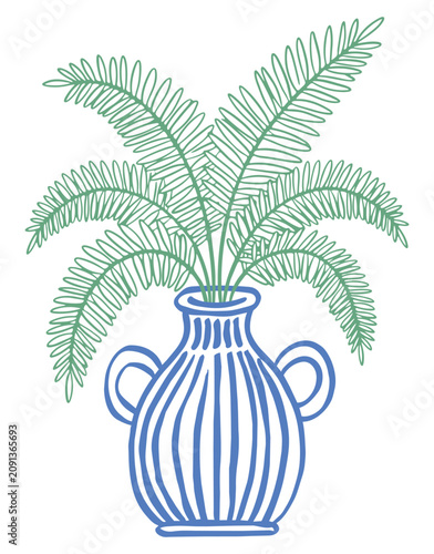 Minimalist hand drawn illustration of a green fern plant inside a decorative blue striped pottery vase isolated on a clean white background design