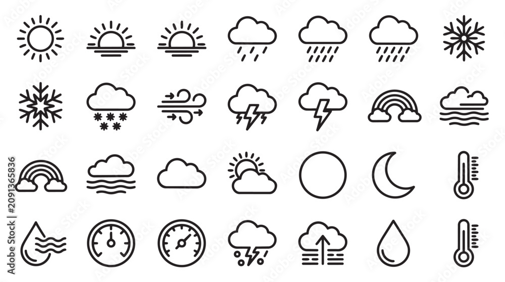 Fototapeta premium Weather forecast and meteorological symbols outline icon collection with forecast meteorology lightning