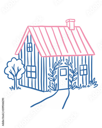 Minimalist hand drawn line art illustration of a cozy cottage with a pink roof and blue exterior walls surrounded by simple stylized nature elements