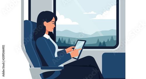 Businesswoman Using Digital Tablet on Train Commute with Mountain Landscape View - Flat Illustration
