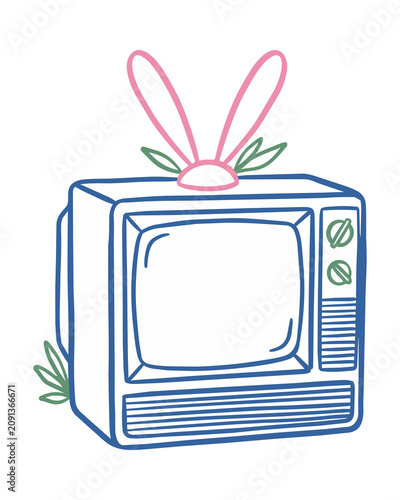 Retro television set with bunny ears antenna and decorative leaves illustration for creative media projects and nostalgic home entertainment concept art