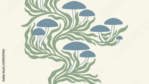 Minimalist botanical illustration featuring stylized blue mushrooms integrated with flowing green foliage patterns on a soft cream background surface