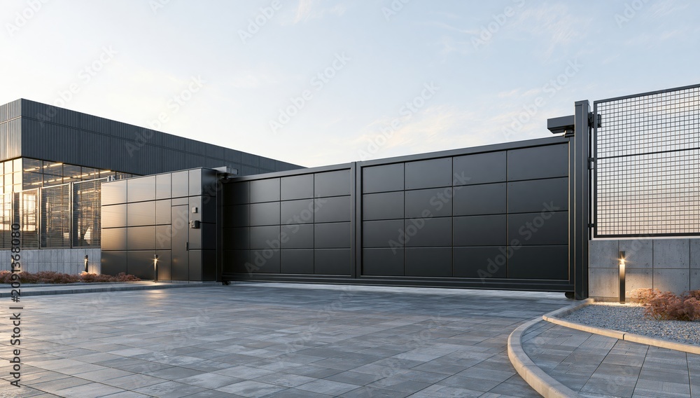 Fototapeta premium Modern industrial warehouse building facade with gates and courtyard
