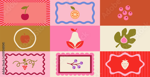 Vibrant fruit collage grid featuring minimalist botanical illustrations and decorative frames in a playful modern flat design style for creative projects