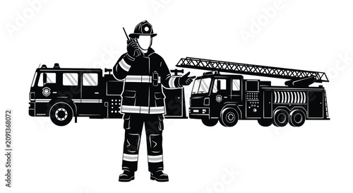 Cuadro en lienzo Firefighter standing before fire engine depicted as a black silhouette against a