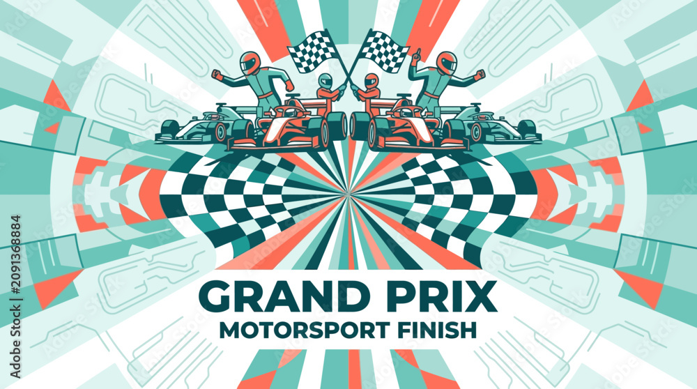 Obraz premium Grand Prix Motorsport Finish Celebration With Racing Cars And Chequered Flags