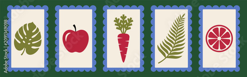 Set of five decorative postage stamp icons featuring minimalist botanical and fruit illustrations arranged horizontally against a dark green background