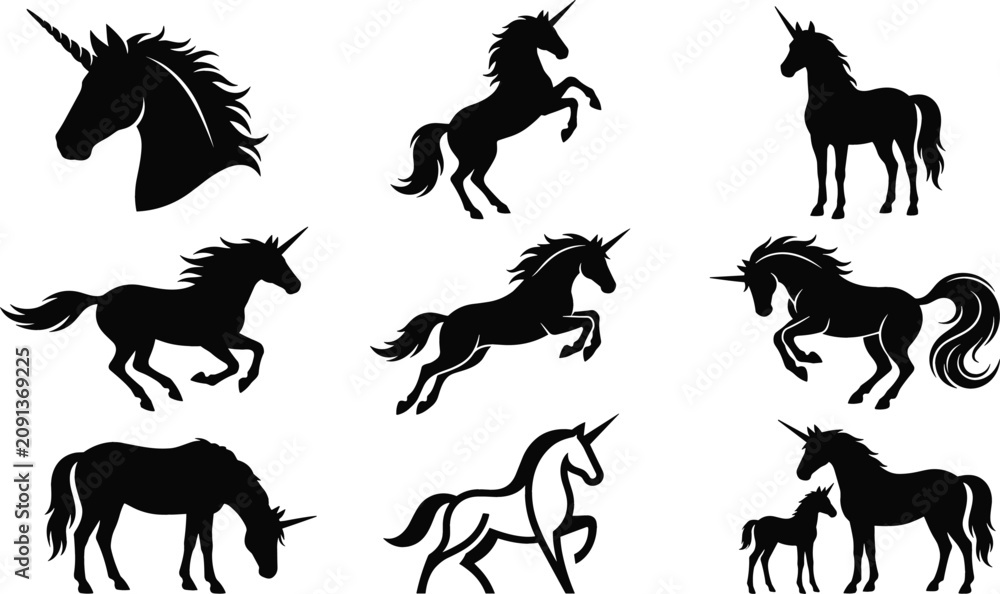 Obraz premium Black Unicorn Silhouette Vector Icon Set Featuring Rearing, Running, Jumping, and Foal Poses for Fantasy Mythological Mascot Logos and Tattoo Designs