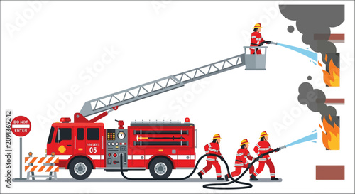 Cuadro en lienzo Fire engine and firefighters battling a blaze vector illustration