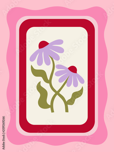 Minimalist floral illustration featuring two purple flowers inside a decorative pink and red wavy frame for a charming and artistic home decor design