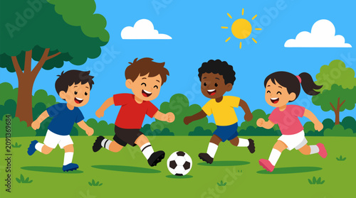 Joyful diverse group of happy children laughing and running together playing soccer ball game on bright sunny green grass field in summer park, active outdoor childhood fun, vector illustration.