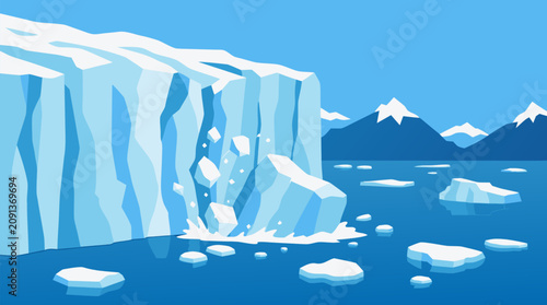 Massive melting glacier calving pale blue icebergs into calm polar sea water, dramatic arctic climate change scene with snow-capped mountains and floating ice fragments, pristine frozen wilderness,