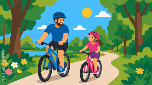 Father and daughter riding bicycles together on sunny tree-lined park path, family outdoor recreation and bonding activity, happy parent child cycling adventure in green summer nature, vector
