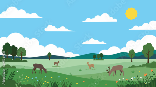 Peaceful meadow landscape vector illustration with grazing deer, wildflowers, rolling green hills, blue sky, sun and soft clouds, serene nature scene for pastoral wildlife backgrounds