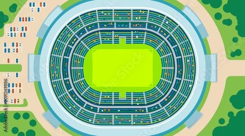 Aerial vector illustration of a modern oval soccer stadium, luminous green pitch, layered blue seating, tiny fans, parking lots and trees, ideal for sports venue maps and event promotions