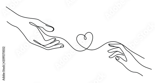 Foto Continuous line art illustration of two hands reaching towards each other connec