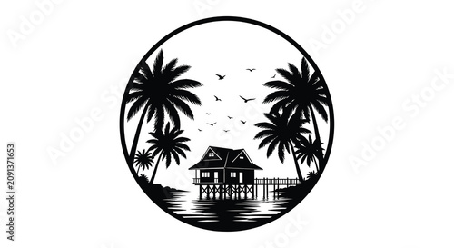 Obraz na płótnie Tropical beach scene with palm trees and house contained within a circular silho