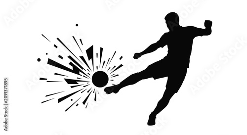 Konstfotografi A soccer player kicking a ball with dynamic burst effect black and white silhoue