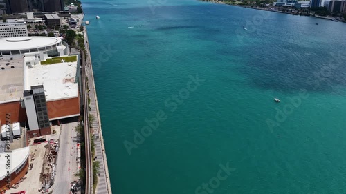 Aerial footage of a gorgeous landscape along the Detroit River in Detroit Michigan USA