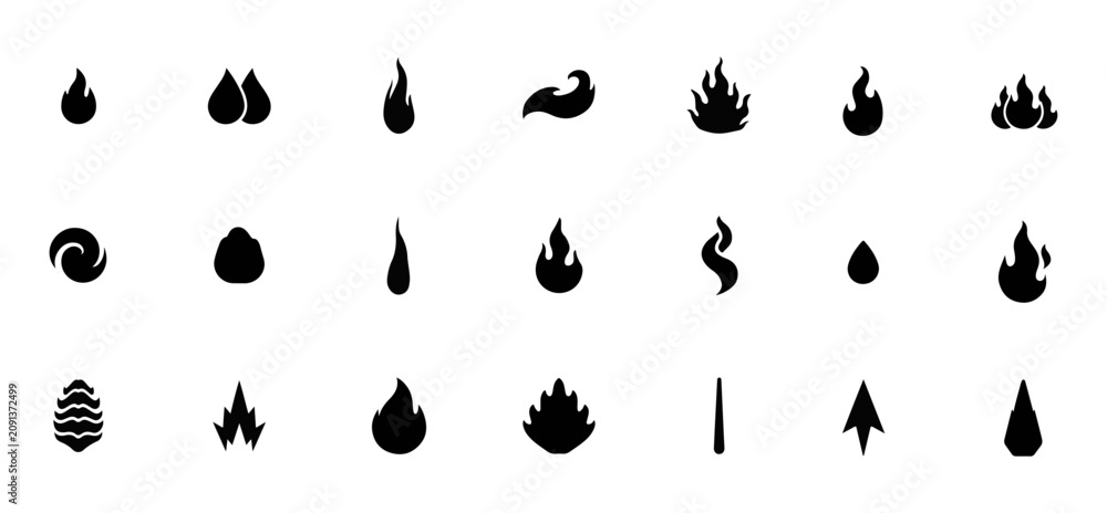 Obraz premium Fire flame and heat element black silhouette icons set including burning embers and smoke shapes with silhouette combustion wildfire