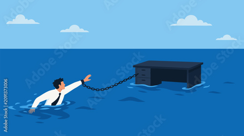 Businessman chained to a heavy office desk while drifting in a vast blue ocean, symbolic vector illustration of workplace burnout, corporate pressure, debt, obligation, stress and escape struggle