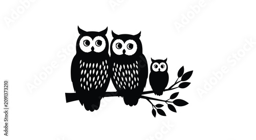 Fotografie Three owls perched on a branch a black silhouette against a white background sil