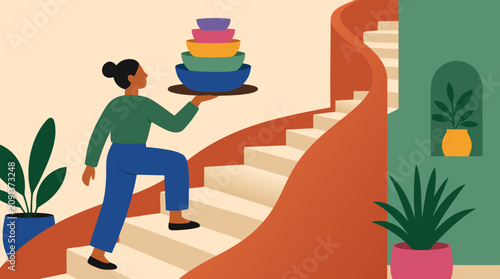 Person balancing a tray of colorful nested bowls while climbing elegant winding stairs, stylish interior with plants and warm curves, graceful multitasking lifestyle vector illustration