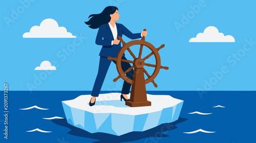 Confident businesswoman steering a ship wheel on a tiny iceberg in open ocean, bold vector concept for leadership, resilience, risk management, climate change strategy and crisis navigation