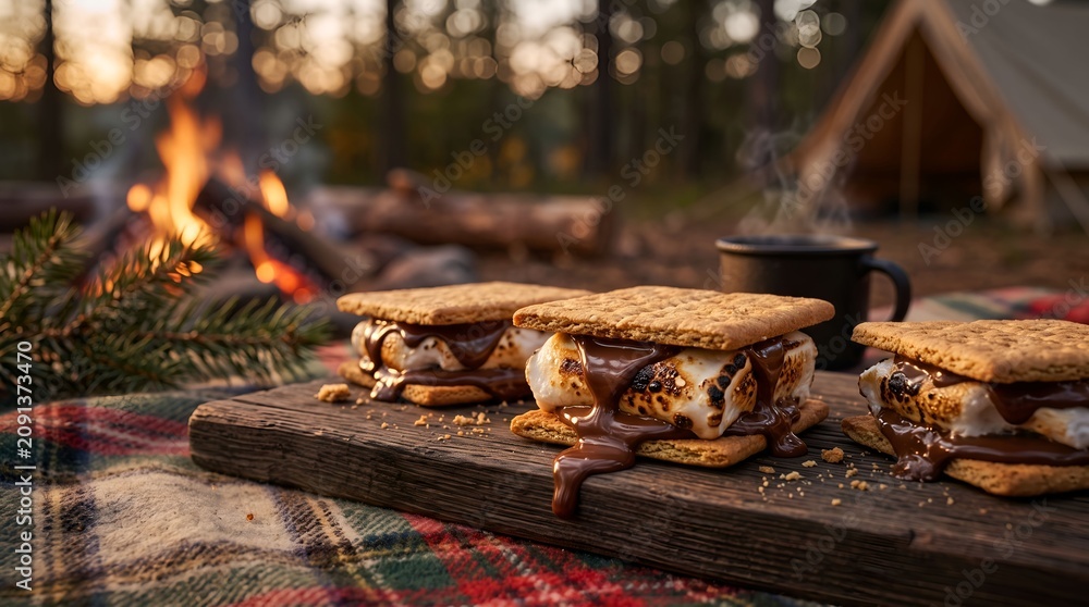 Fototapeta premium S mores On Wooden Board Outdoor Campfire Scene Photography