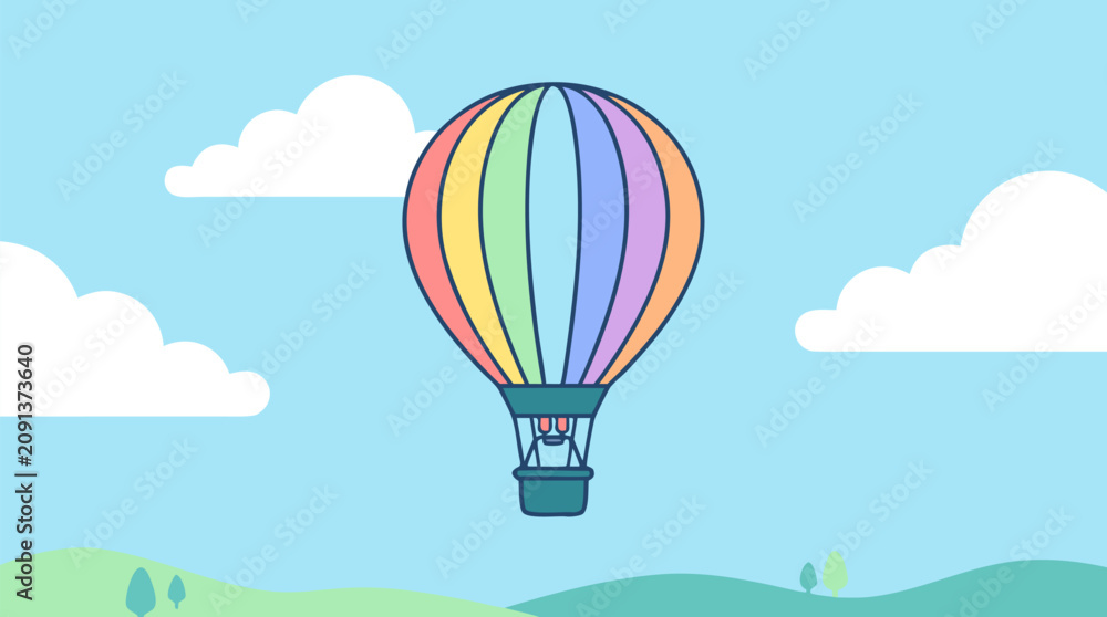 Fototapeta premium Colorful rainbow pastel hot air balloon drifting peacefully in clear blue sky above green hills and white clouds serene dreamy centered vector illustration