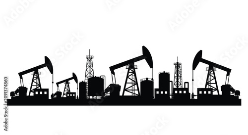 Bild auf Leinwand Oil pumps derricks and storage tanks against a white background a stark black si