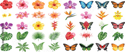 Fotografía Watercolor exotic tropical flowers and colorful butterflies collection with mons