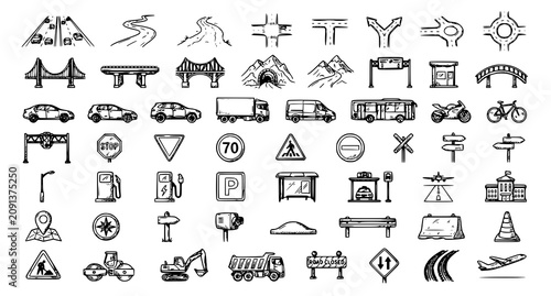 Highway Road Transport Doodle Icon Collection Hand Drawn Vector Set