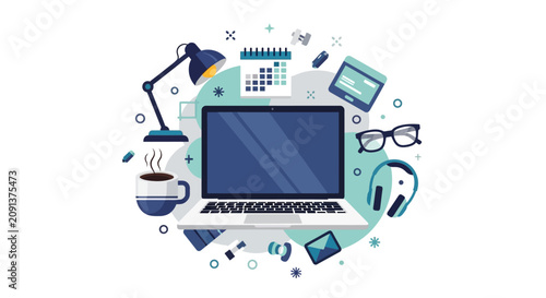 Modern Flat Vector Illustration of a Productive Remote Workspace with Laptop, Coffee, and Office Supplies on White Background