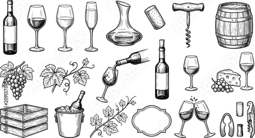 Obraz na płótnie Vintage hand drawn wine vector set featuring bottle glass decanter barrel corksc