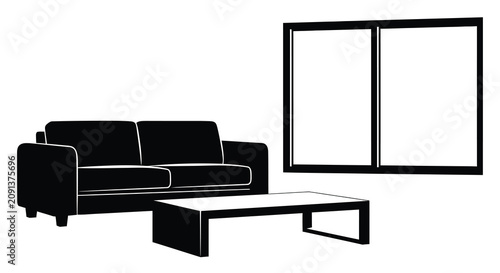Картината върху платно Black silhouette of a sofa coffee table and window against a white background si