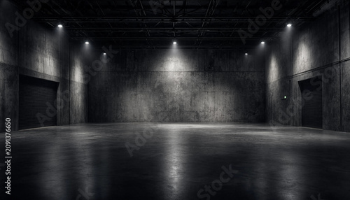 Empty dark warehouse interior with concrete walls and dramatic overhead spotlight illumination.