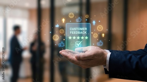 Customer feedback hologram displayed above businessman hands with glowing review icons and approval symbols in a professional corporate office featuring soft focus background and premium business tech