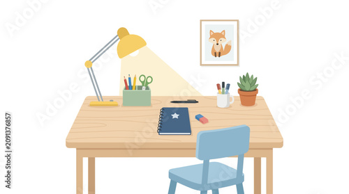 Study desk with chair, lamp, notebook and school supplies Ilustração Vetorial