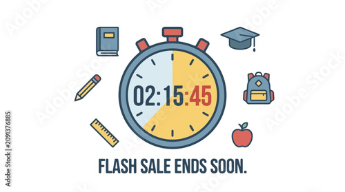 Countdown Timer for Flash Sale Ending Soon with School and Work Supplies Illustration Vetorial